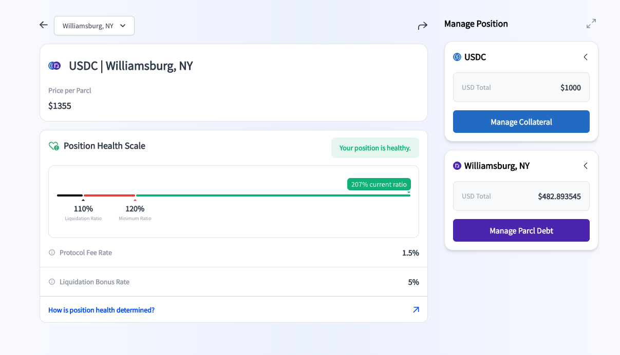 USDC Williamsburg position card showing the Position health scale as well as buttons to “manage collateral” and “mange Parcl debt. 