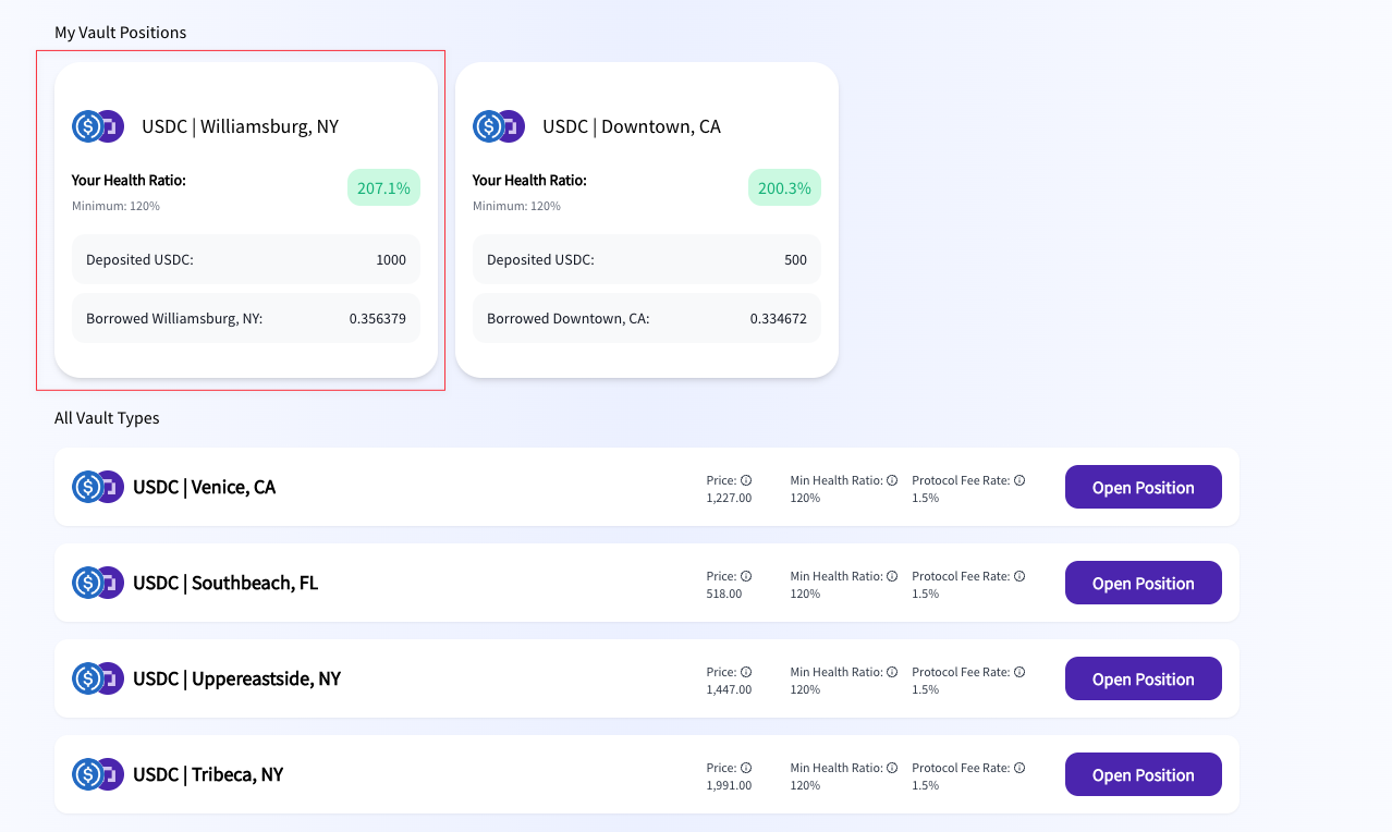 Parcl Testnet 3.0 “Borrow” page with a red square around the USDC | Williamsburg, NY fault card..