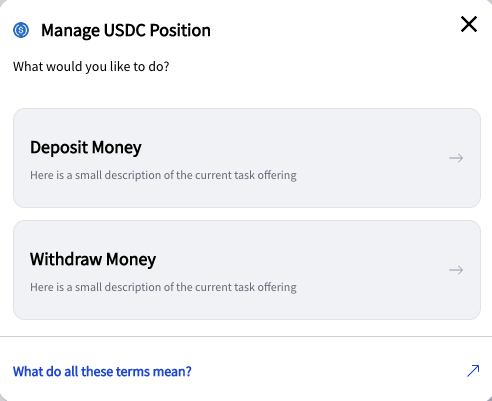 Manage USDC position card, with the option to deposit or withdrawal USDC.