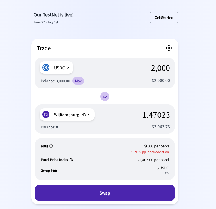 Parcl Mainnet 3.0 “Trade” page with 2,000 USDC being exchanged for 1.47 sqft of the Williamsburg, NY Parcl.