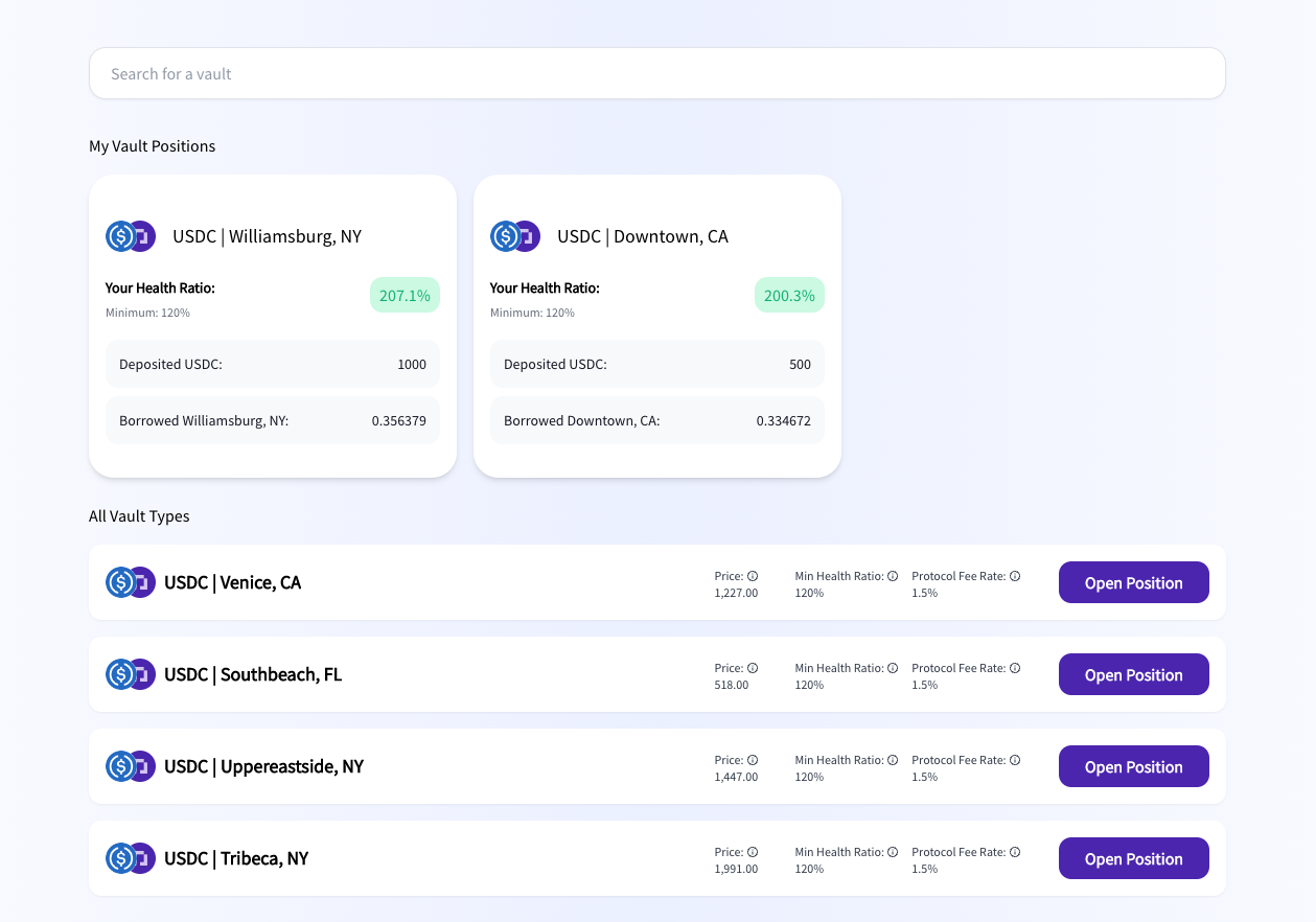 Parcl Testnet 3.0 “Borrow” Page, with two open positions for Williamsburg, NY, and Downtown CA.