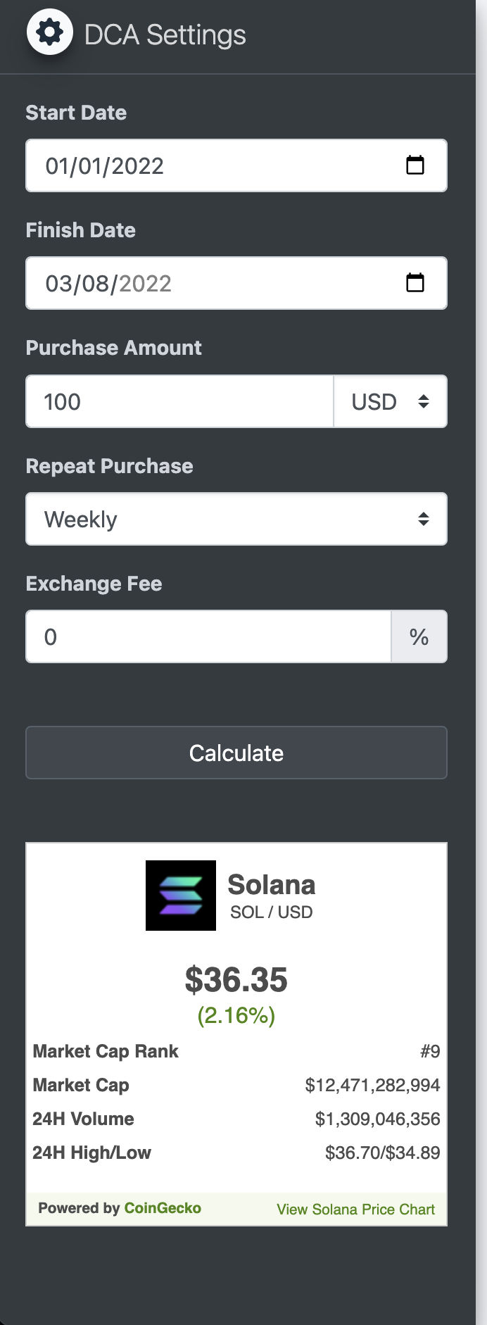 DCA Solana from 01/01/2022 to 03/08/2022 100 USD per week for 10 weeks.